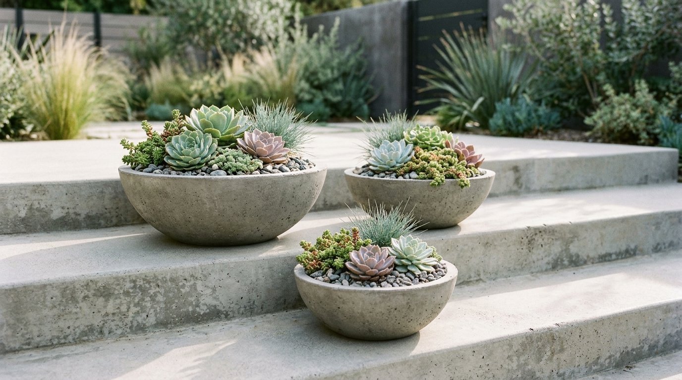 Low concrete bowl planters with succulents on outdoor steps