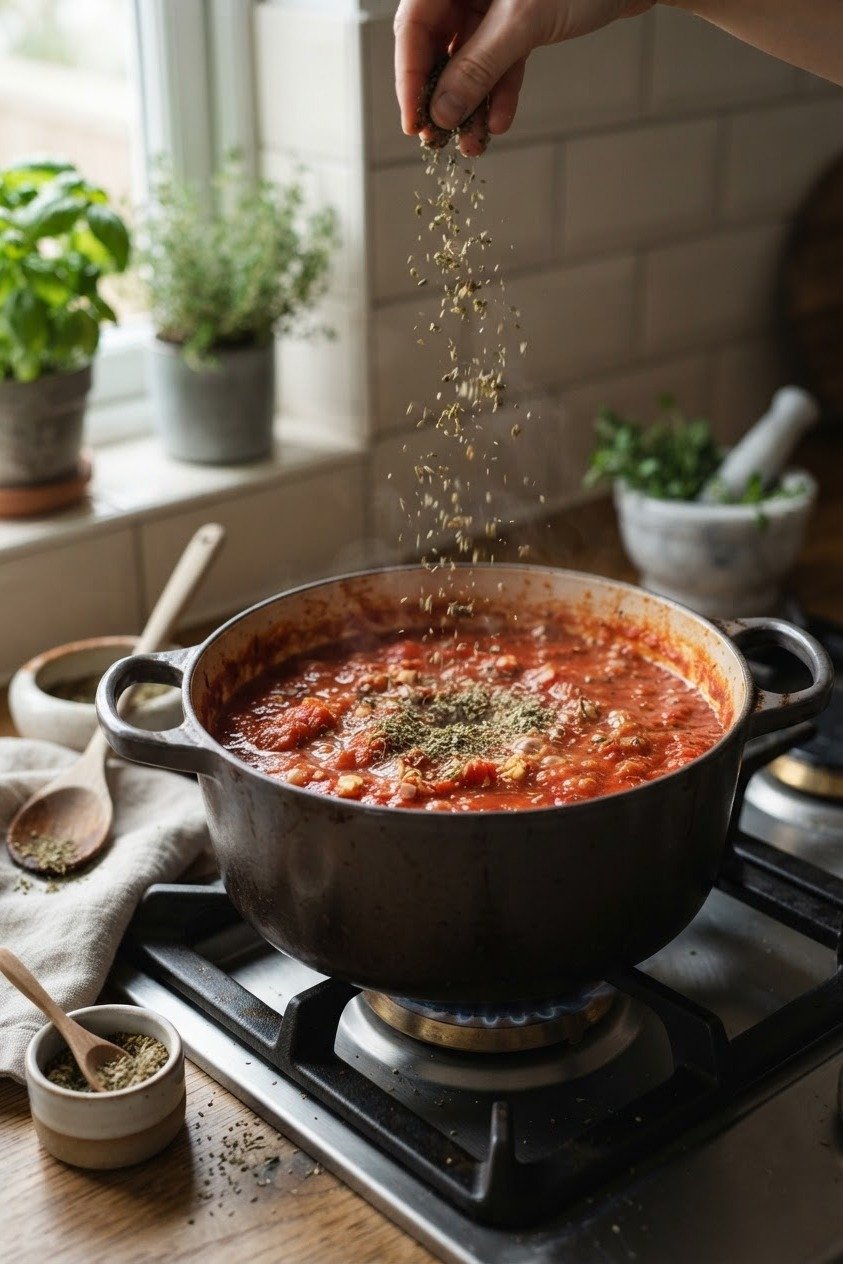 Dried herbs added to a simmering sauce