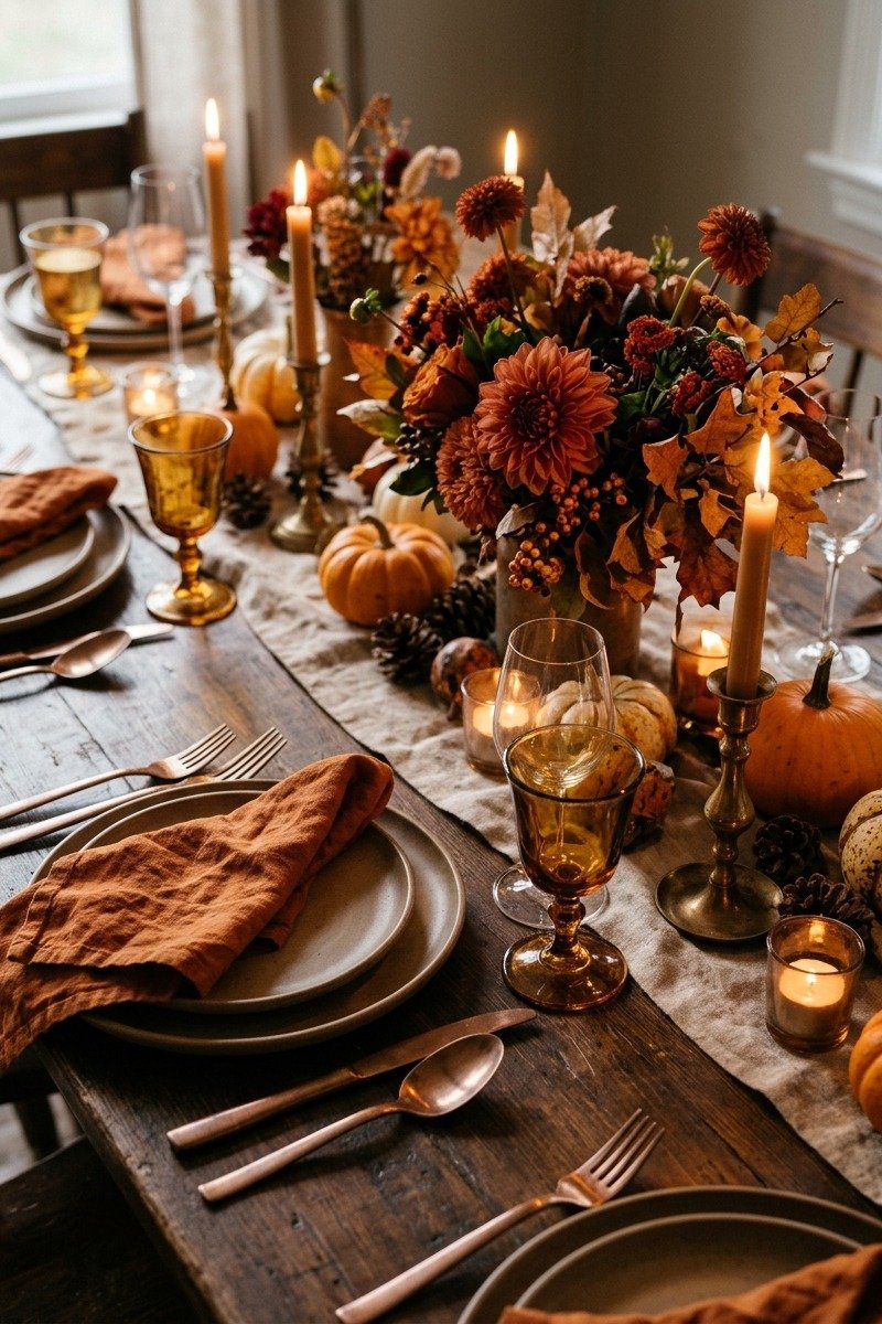 Copper and burnt orange Thanksgiving tablescape