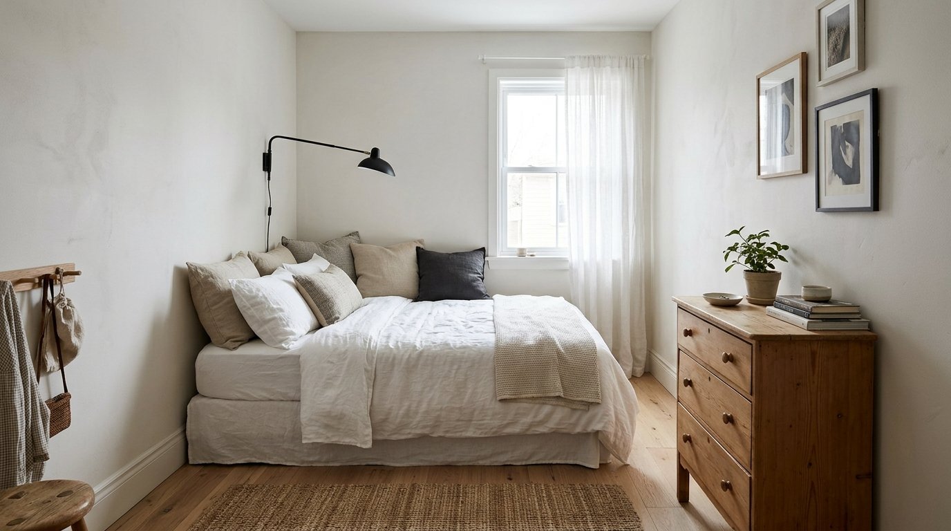 Small bedroom with the bed pushed into a corner and cushions along the wall