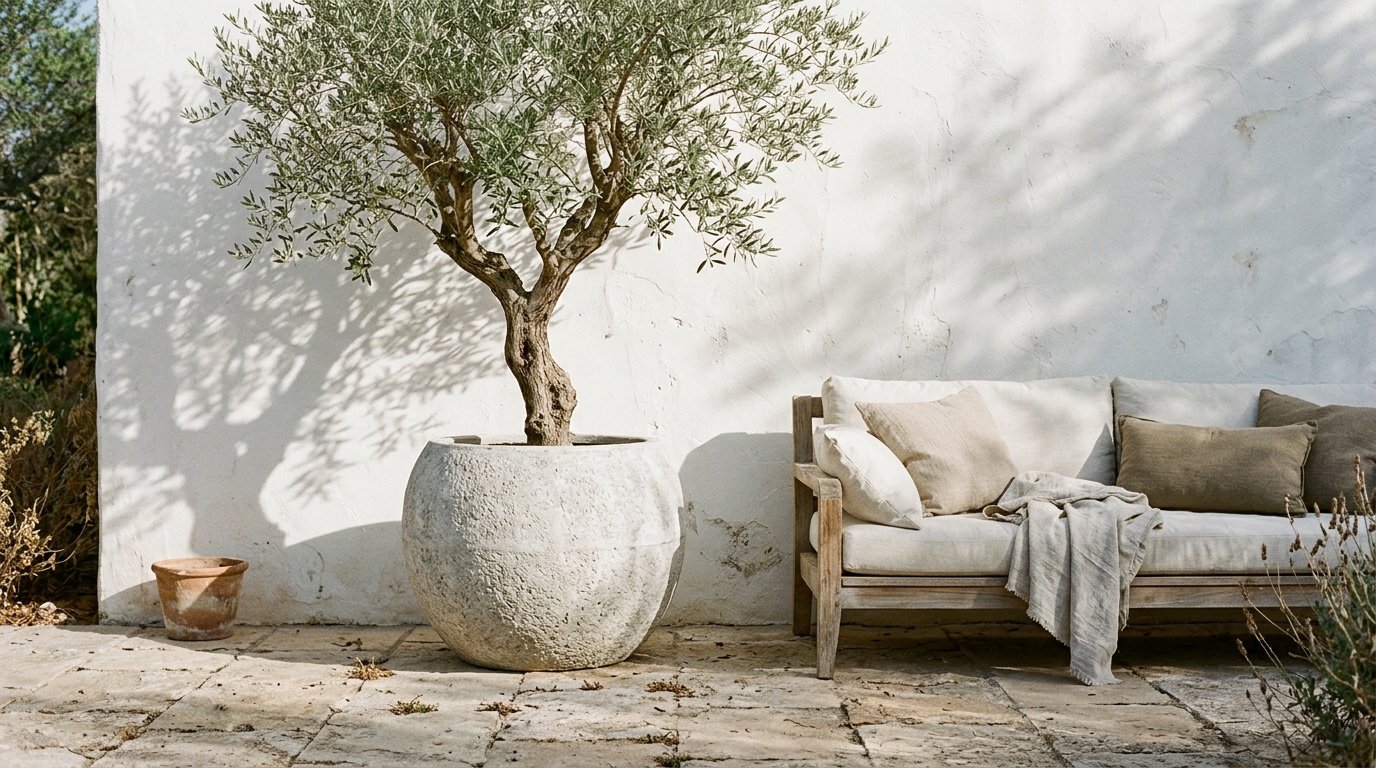 Olive tree in a large planter filling the corner of a patio