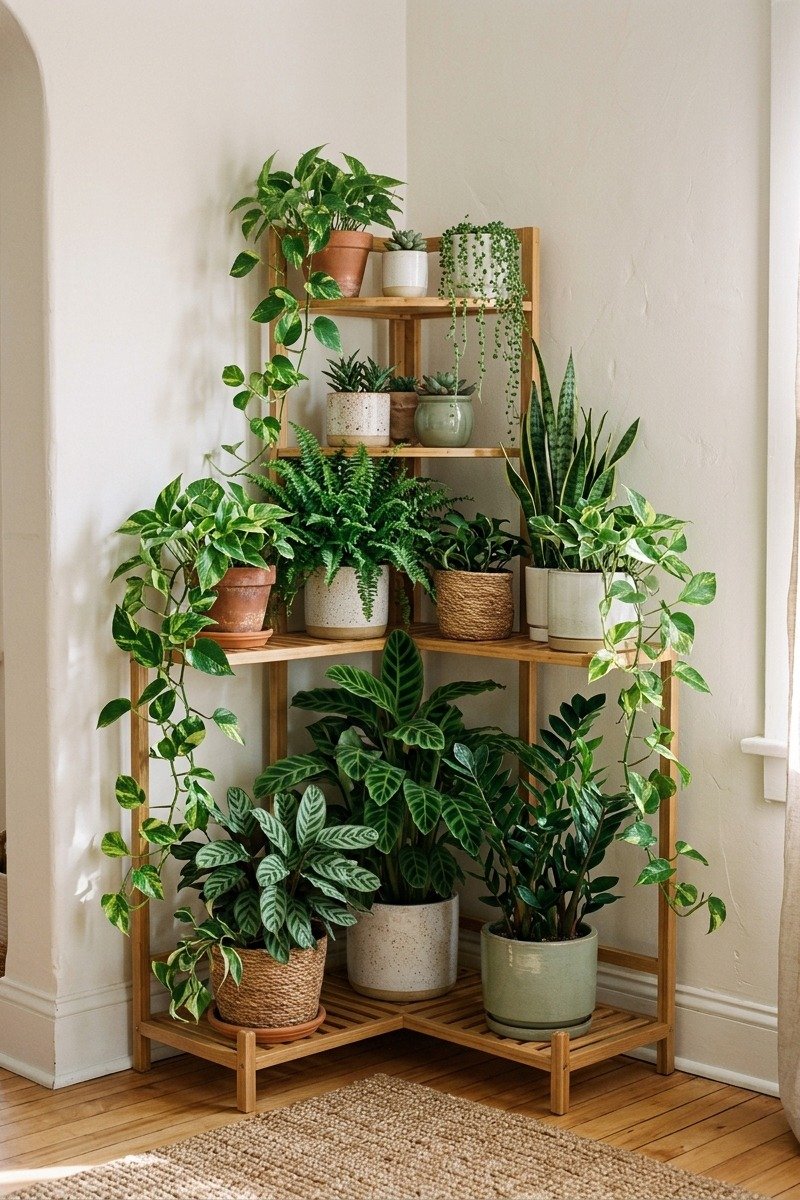Corner plant stand with multiple plants