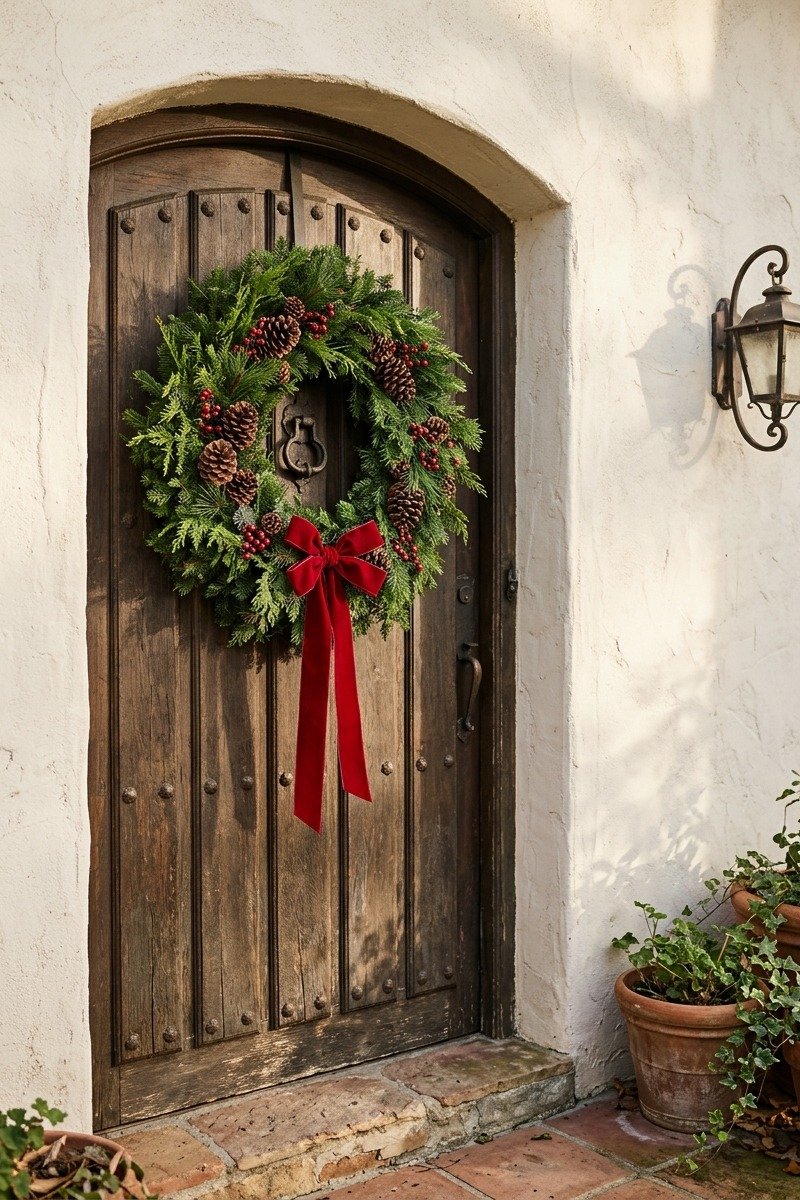 Corona de Navidad en la puerta de entrada