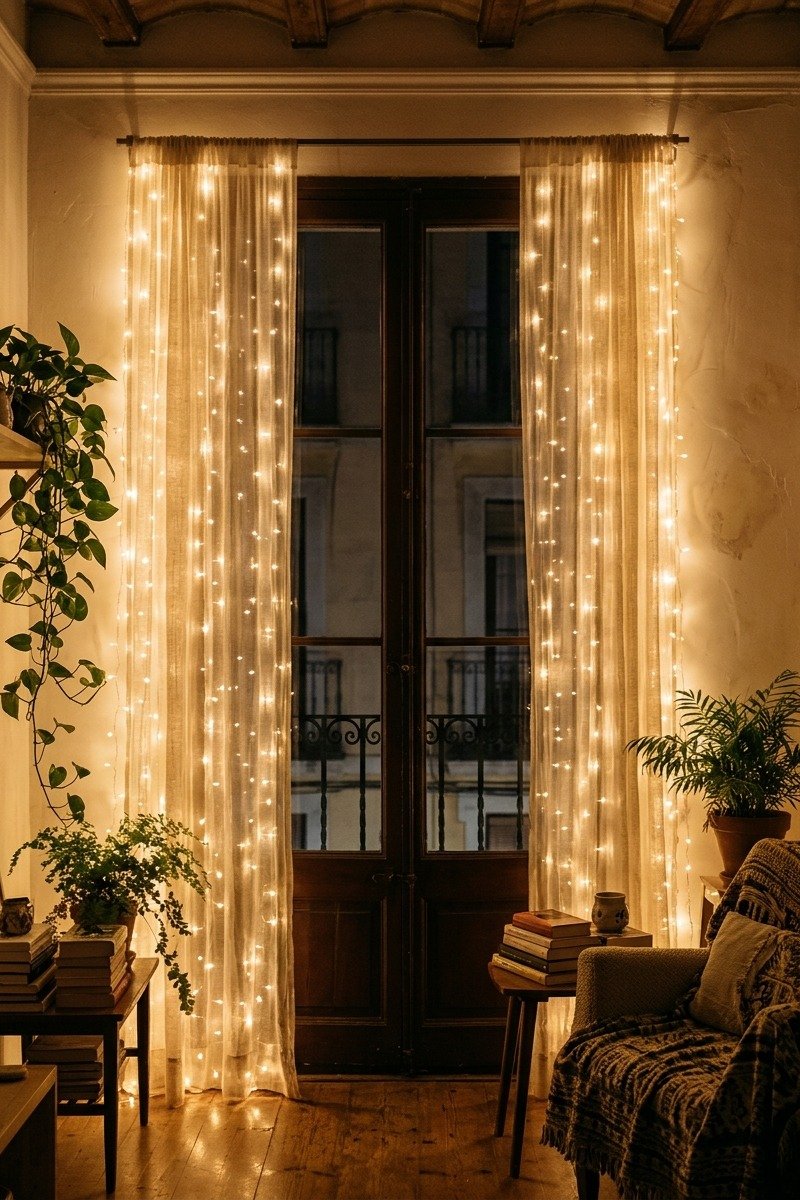 Ventana con cortina de luces cálidas