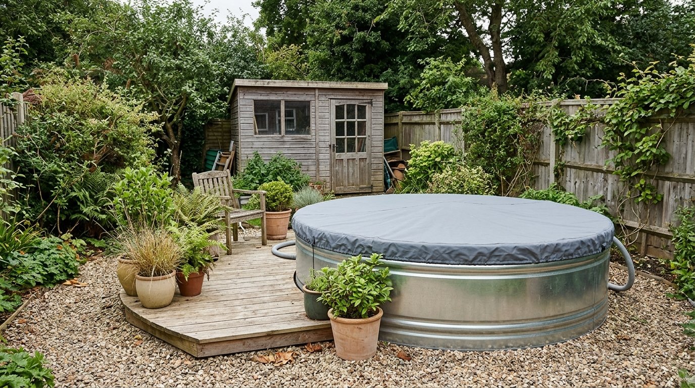 Galvanized stock tank pool with a fitted round cover in a tidy backyard