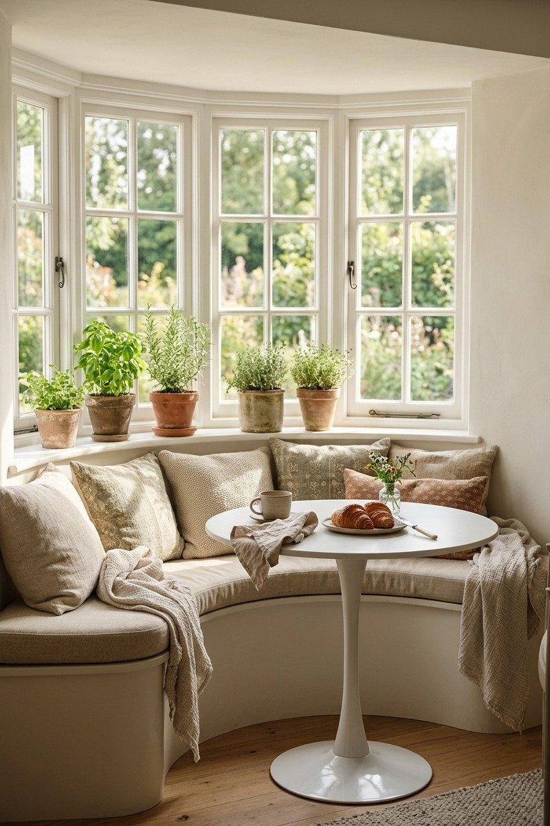 Cozy breakfast nook by a bay window