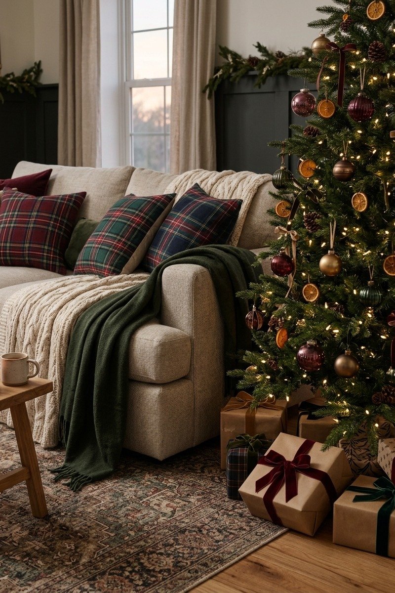Sofa with knit and plaid Christmas textiles