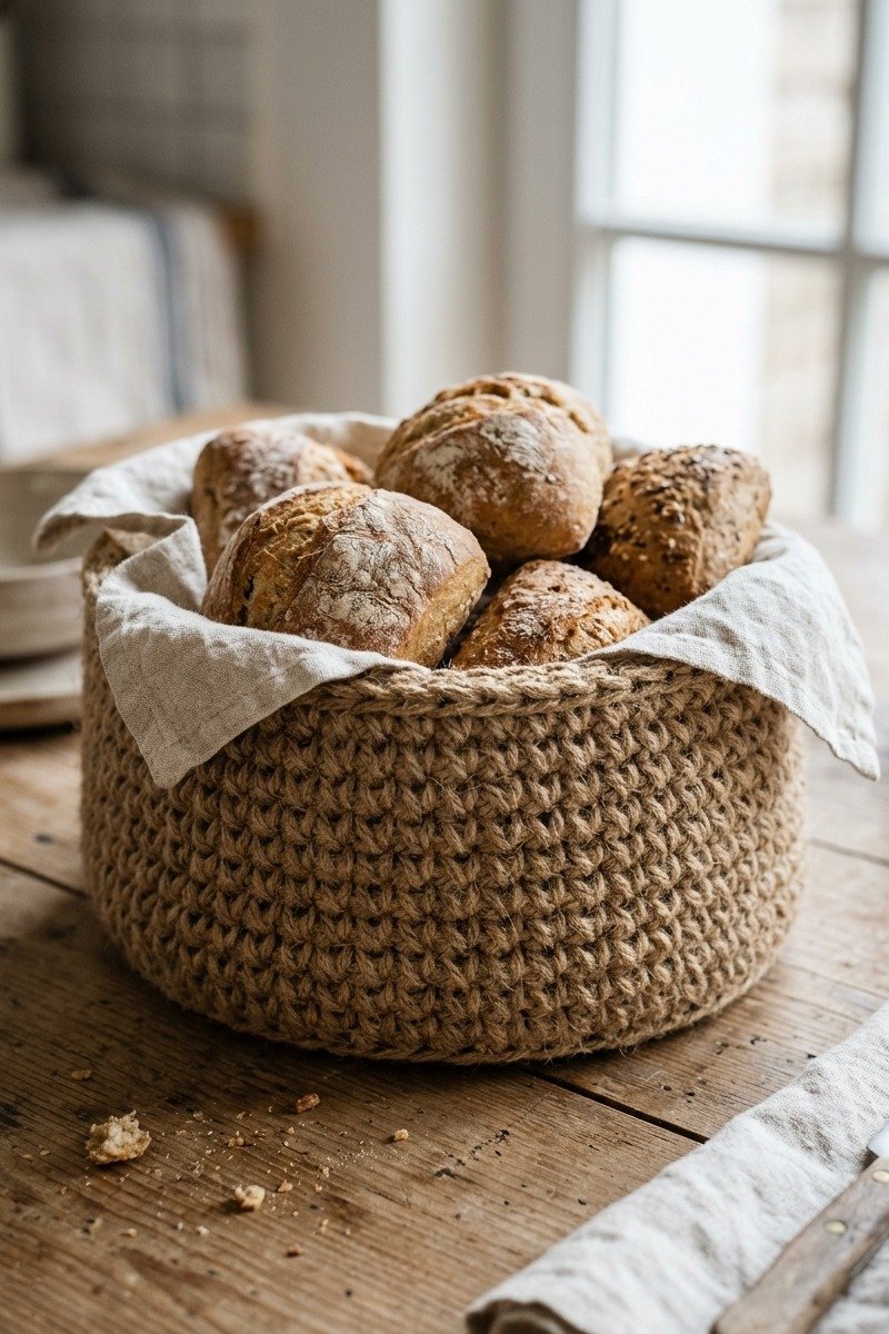 Crochet basket holding bread