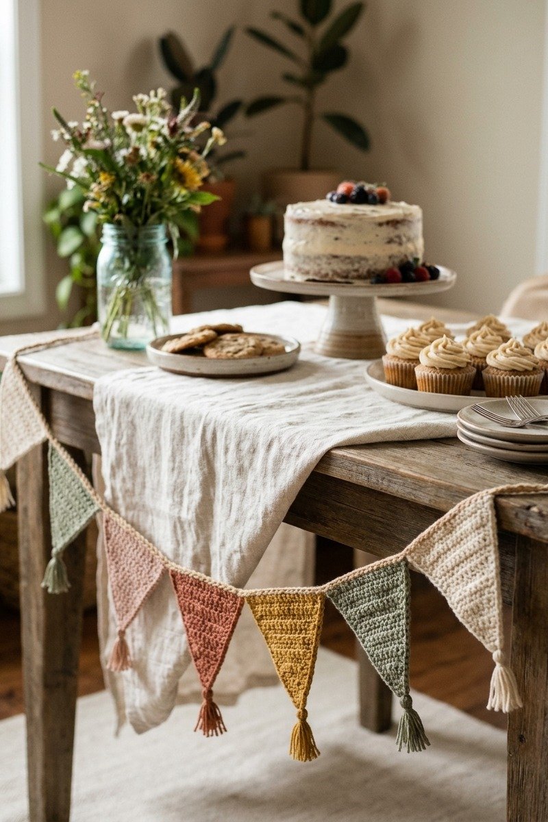 Crochet bunting along a table edge