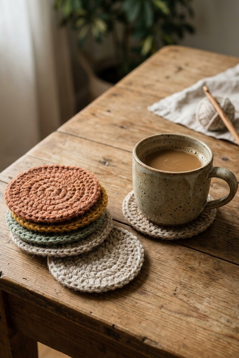 Colorful round crochet coasters