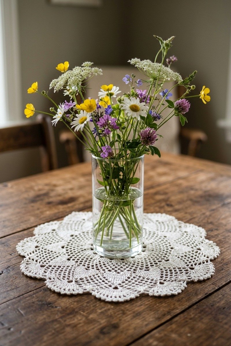 Crochet doily under a vase centerpiece