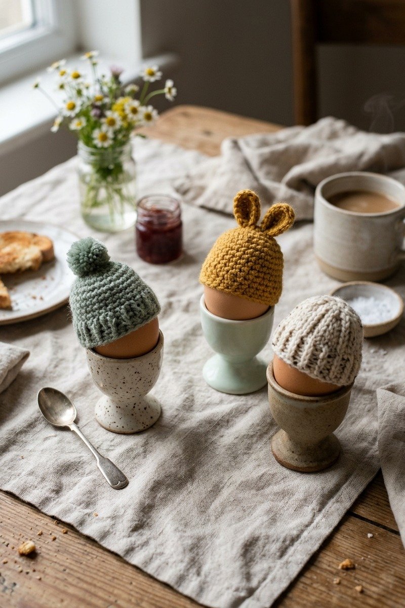 Crochet egg cozies on a brunch table