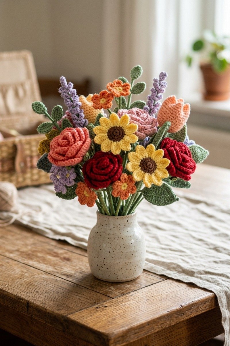 Crochet flowers in a vase
