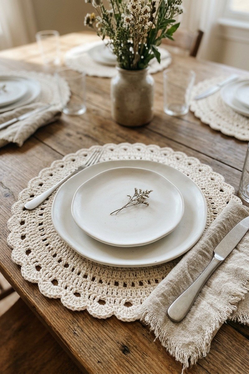Crochet placemats on a dining table