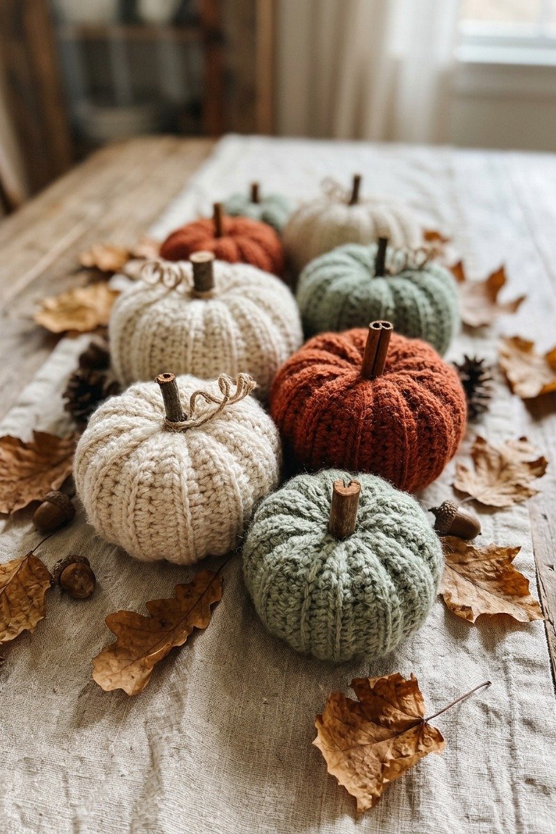Crochet pumpkins as a table centerpiece