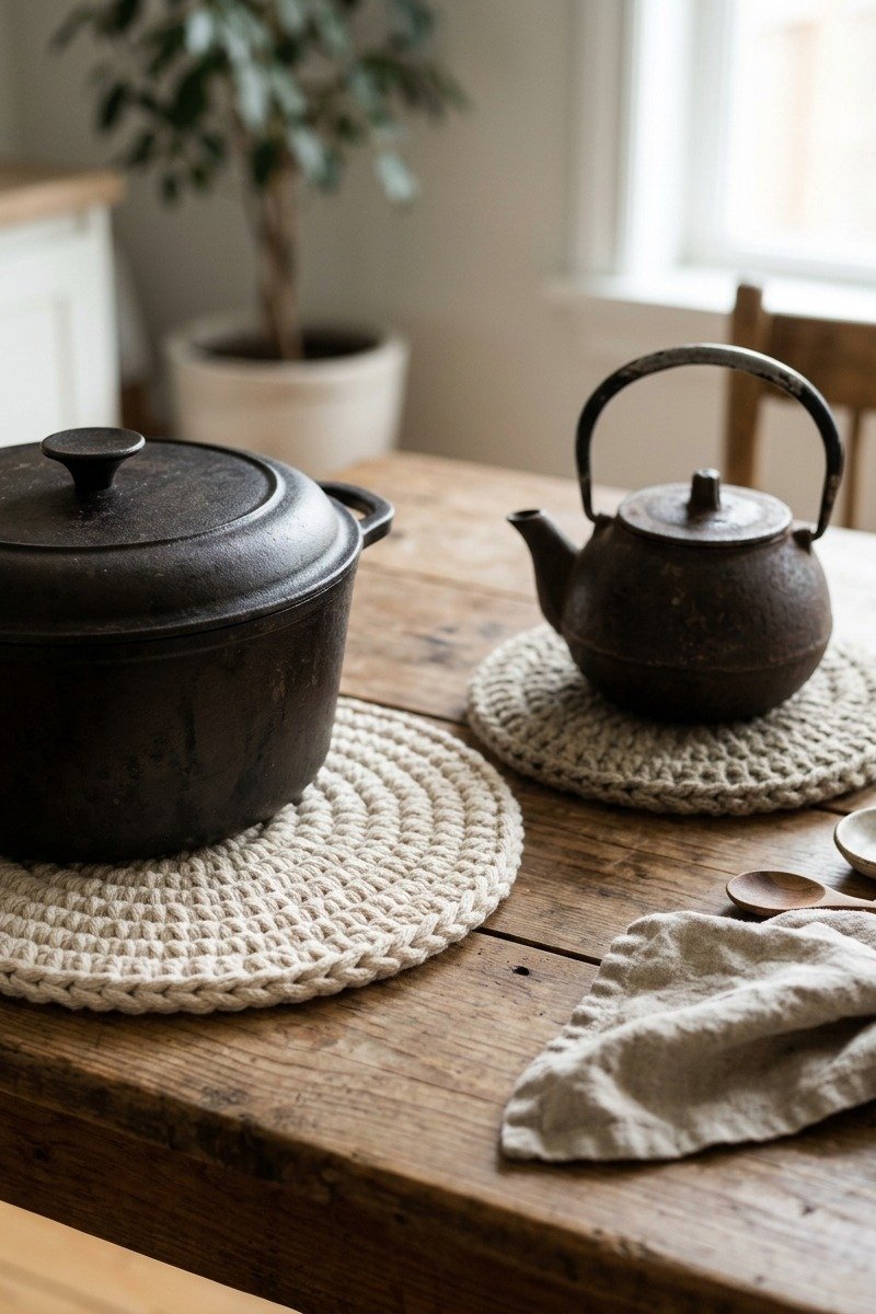 Thick crochet trivets under pots