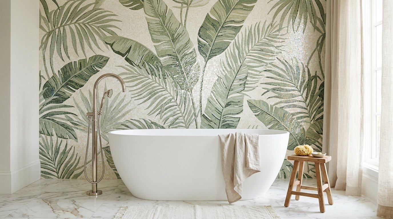Custom botanical glass mosaic wall behind a freestanding tub in a luxury bathroom
