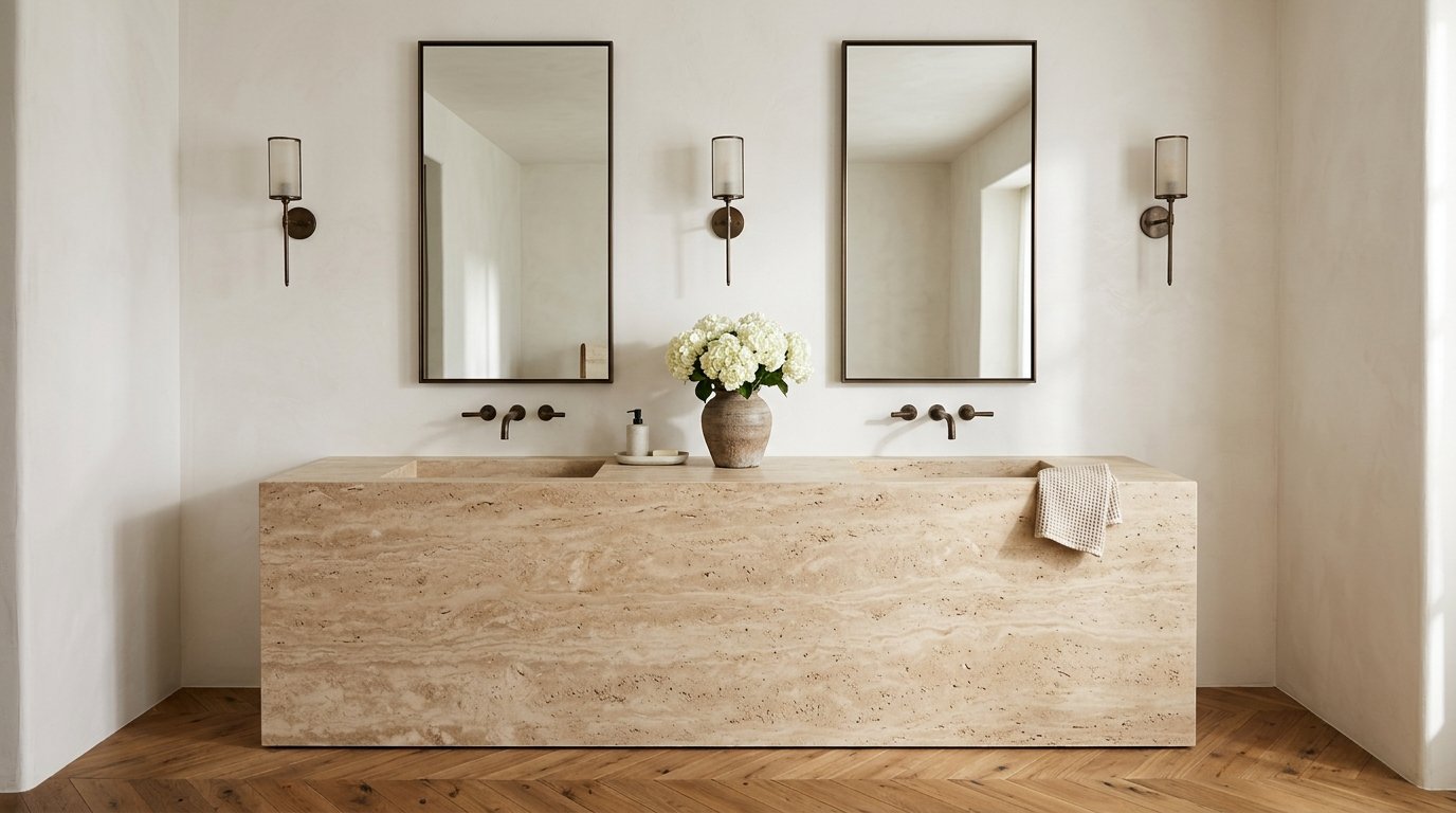 Custom double vanity carved from a stone monolith with twin mirrors and sconces