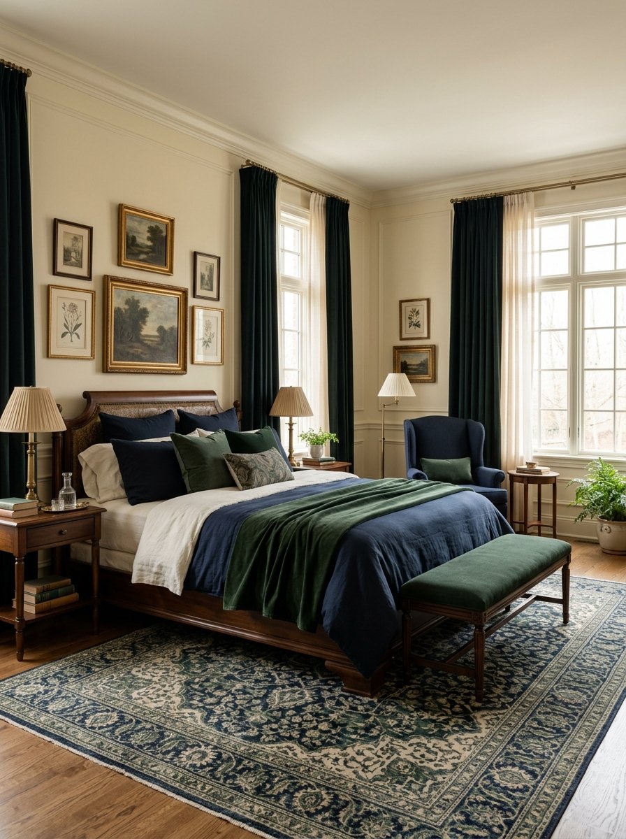 Old money bedroom with a warm muted color palette