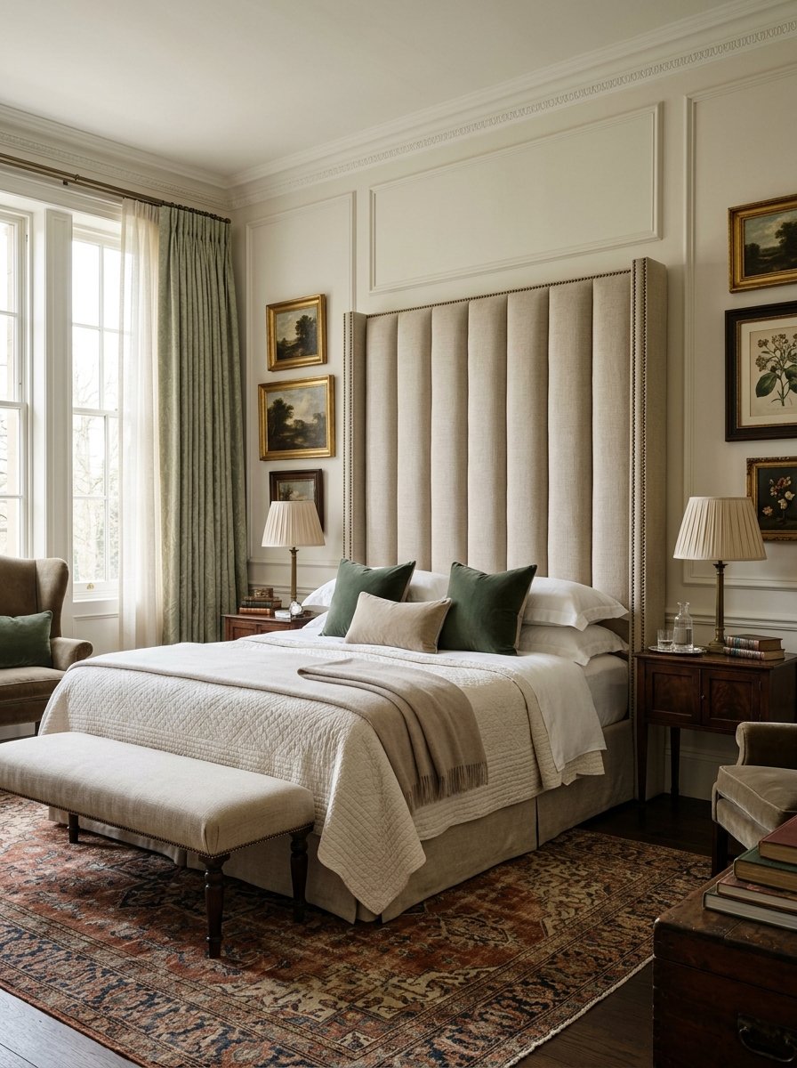 Tall upholstered linen headboard in an old money bedroom