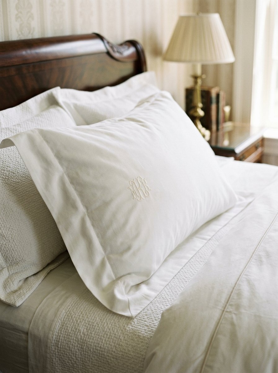 Monogrammed white pillowcases on a bed