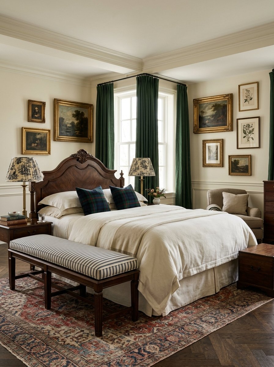 Plaid and toile accents in a classic bedroom