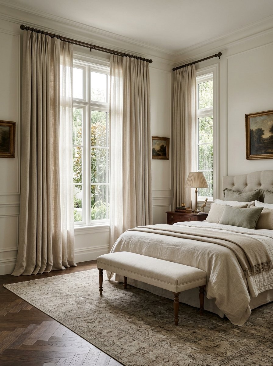 Floor-length linen curtains in a classic bedroom