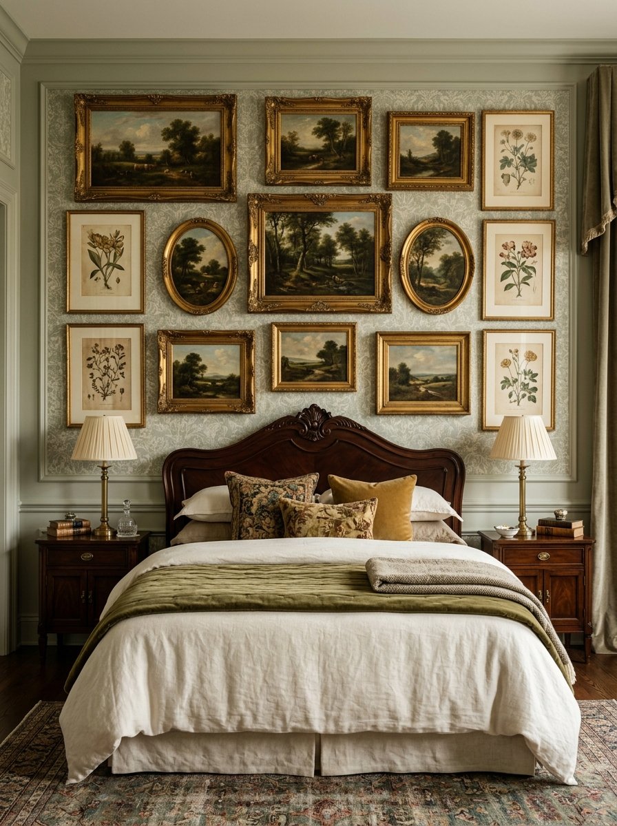 Gold framed landscape paintings above a bed