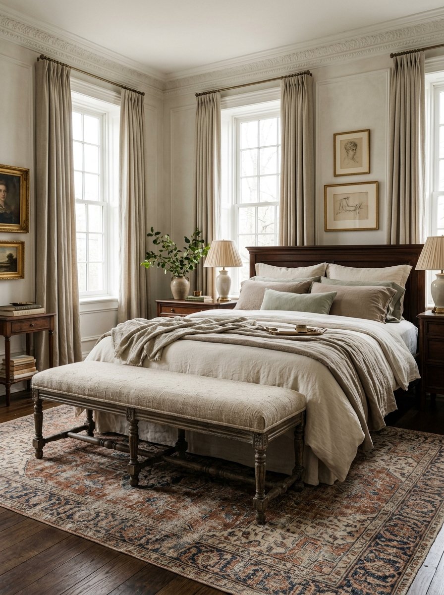 Upholstered bench at the foot of the bed