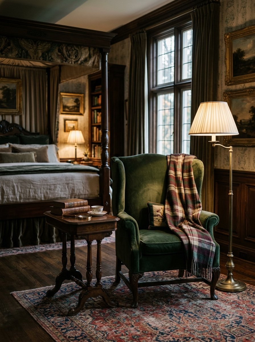 Wingback chair reading corner in a bedroom
