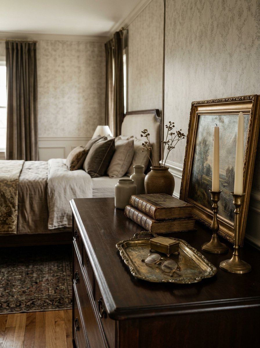 Stacked books and brass objects on a dresser