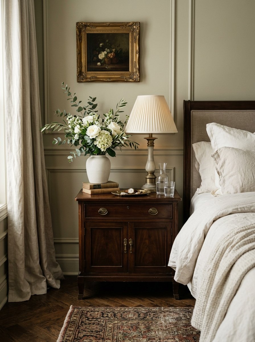Fresh flowers in a vase on a nightstand