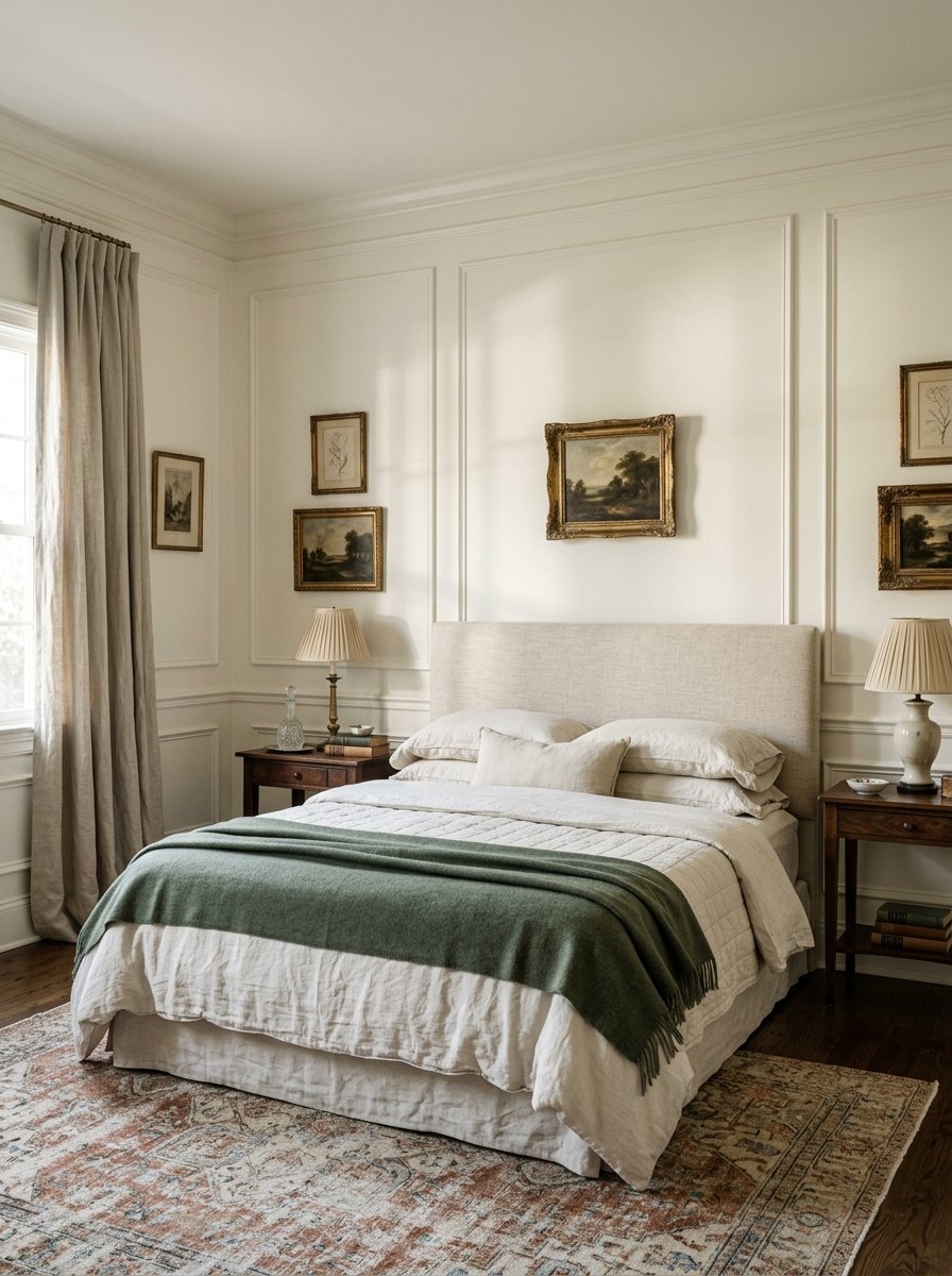 Picture frame wall molding in a bedroom
