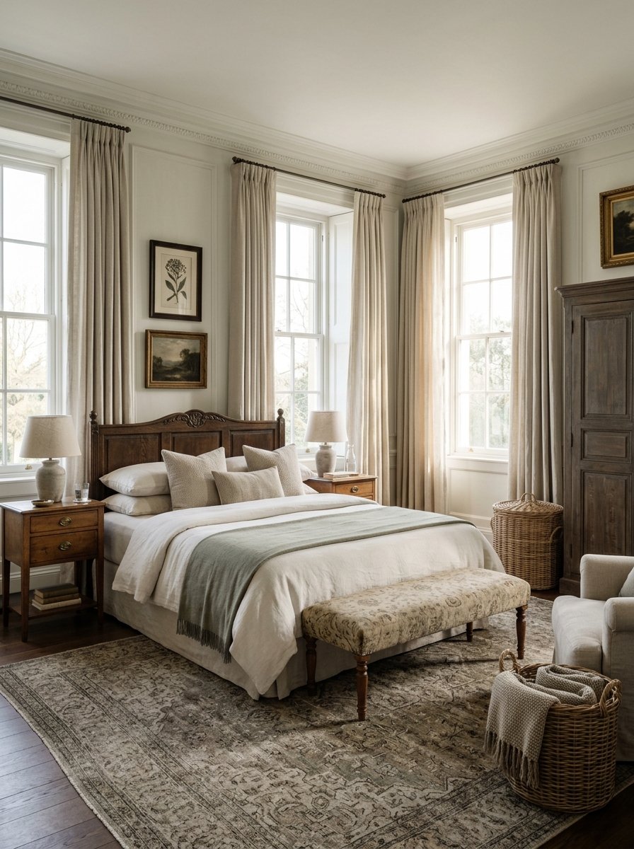 Calm uncluttered old money bedroom