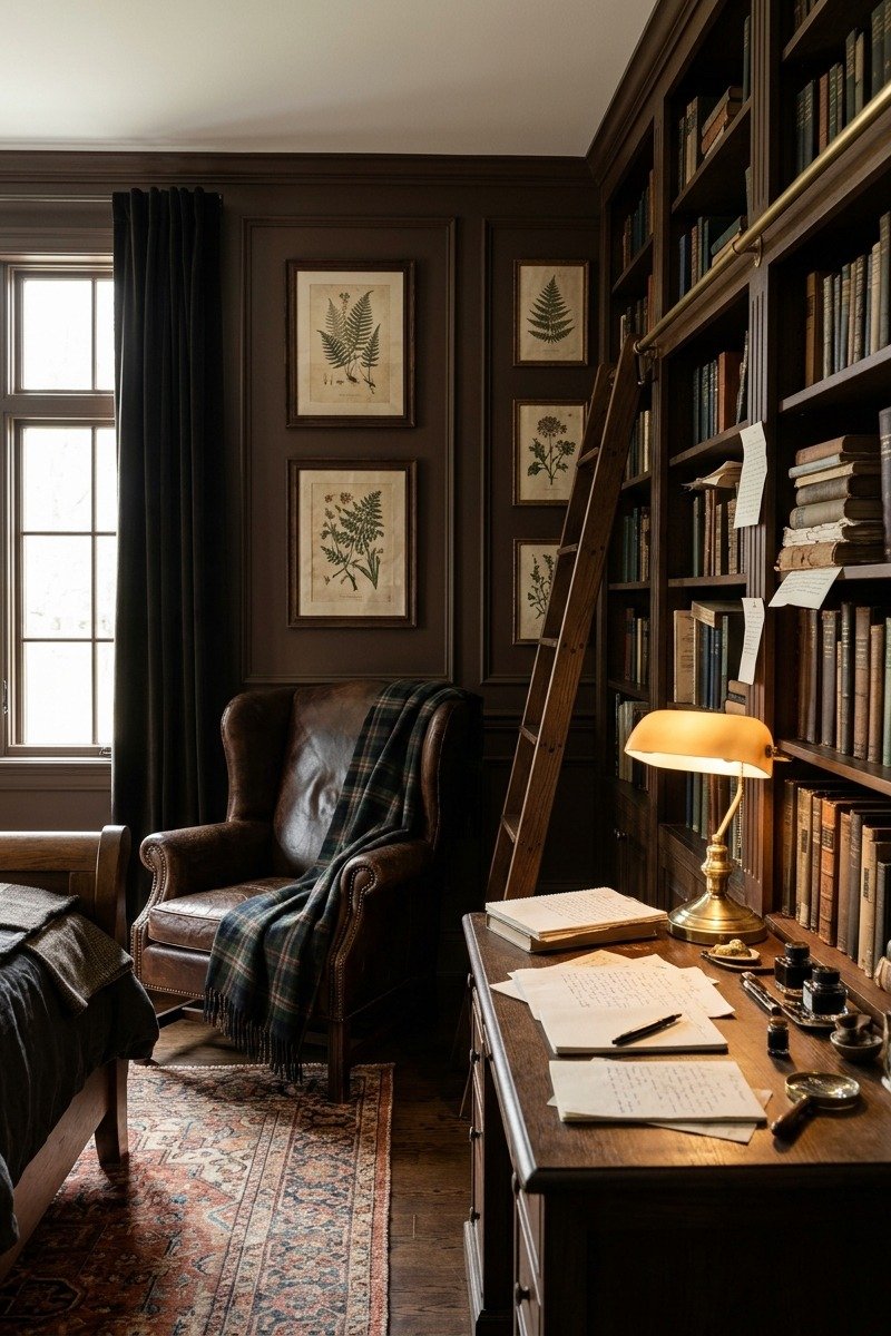 Dark academia bedroom with brown walls, books and leather chair