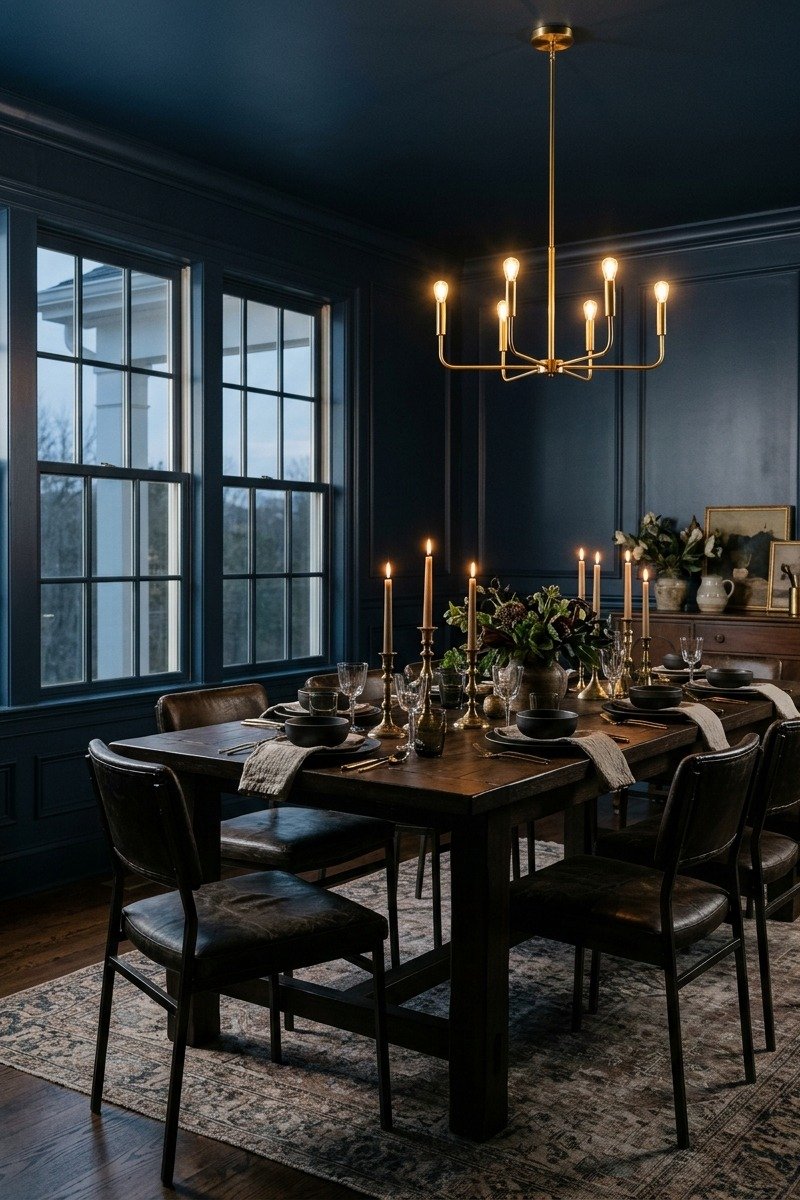 Dark navy moody dining room with candlelight