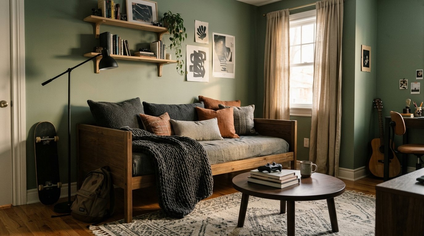 Daybed styled as a lounge sofa with cushions in a teen boys bedroom