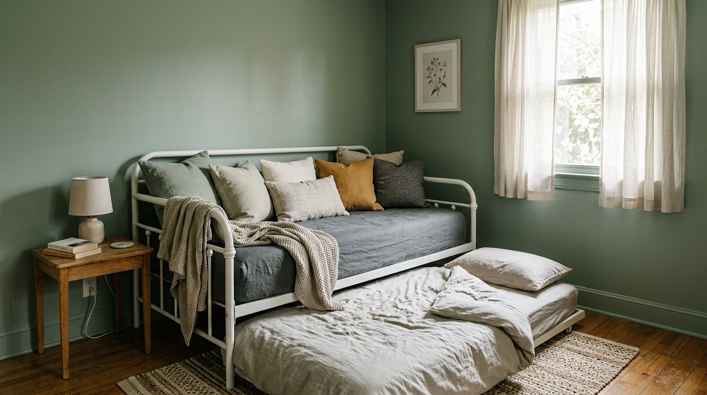 White daybed with trundle and cushions styled as a sofa in a small room
