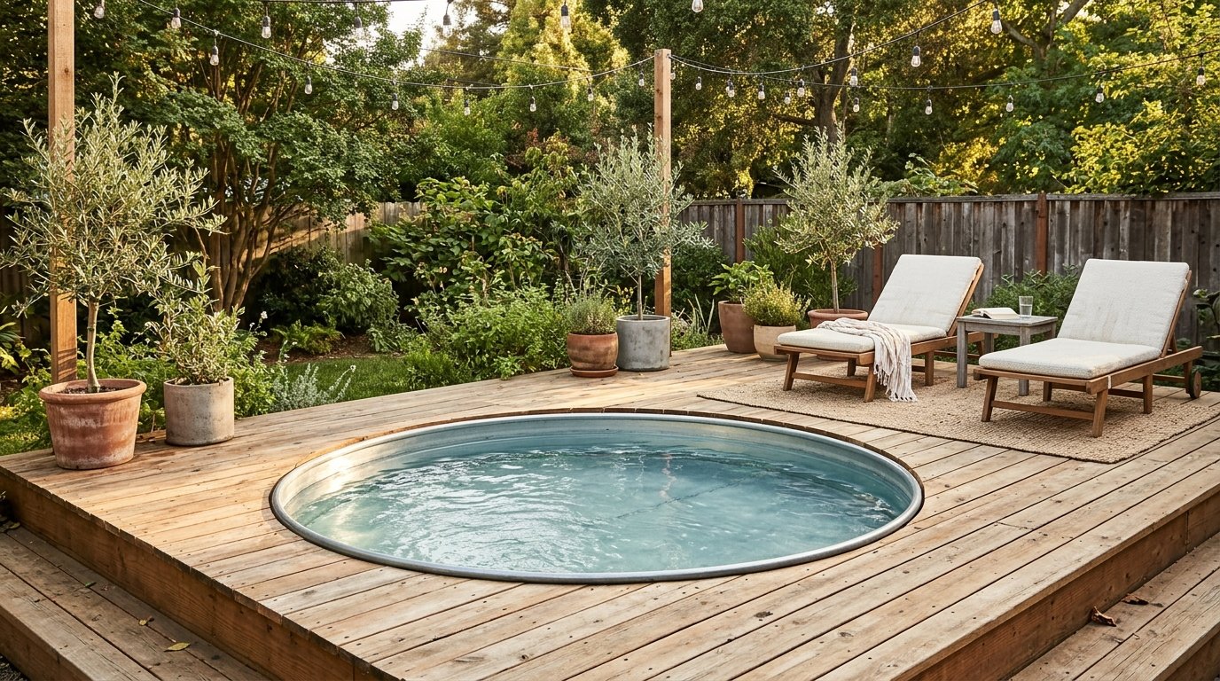 Stock tank pool surrounded by a raised wooden deck with lounge chairs