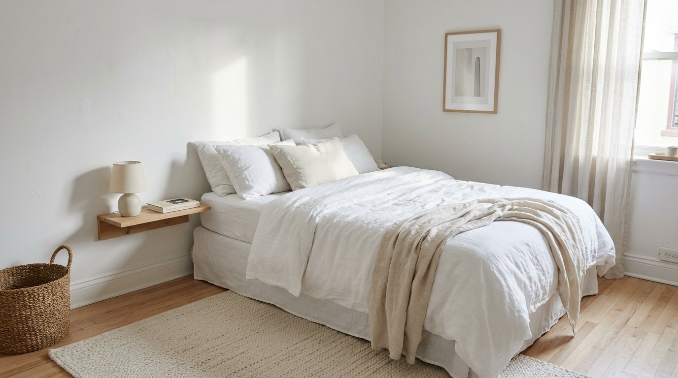 Calm, decluttered small bedroom with clear surfaces and minimal decor
