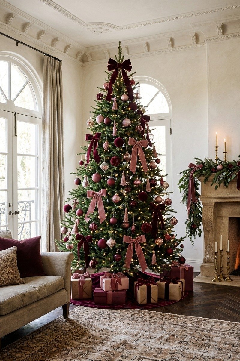 Árbol de Navidad en burdeos y rosa