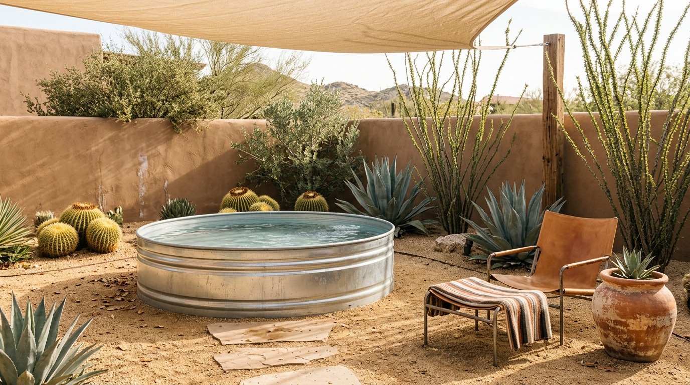 Southwestern desert-style stock tank pool surrounded by cacti and succulents