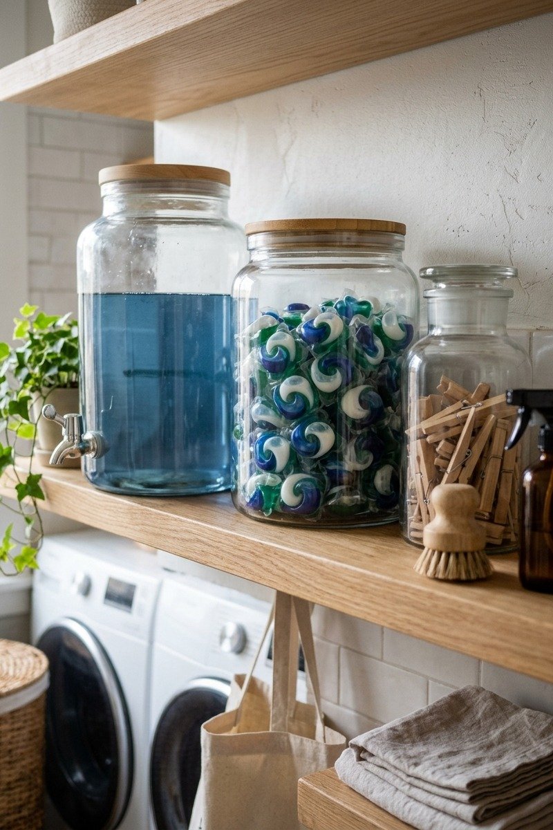 Glass jars holding detergent and pods