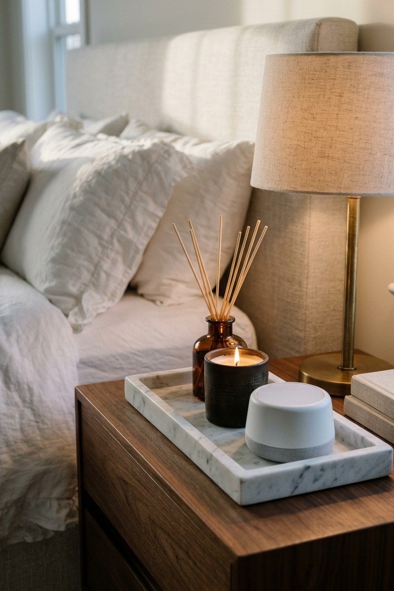 Reed diffuser and candles on a marble tray in a luxury bedroom