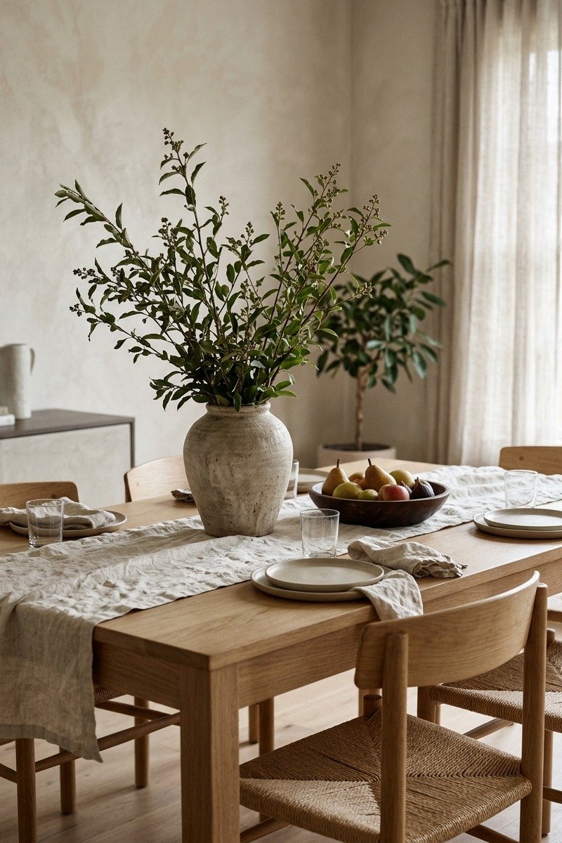 Dining table with a linen runner and vase centerpiece