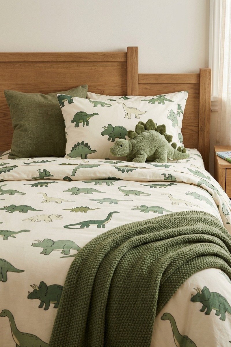 Bed with fun dinosaur print bedding in a boys room