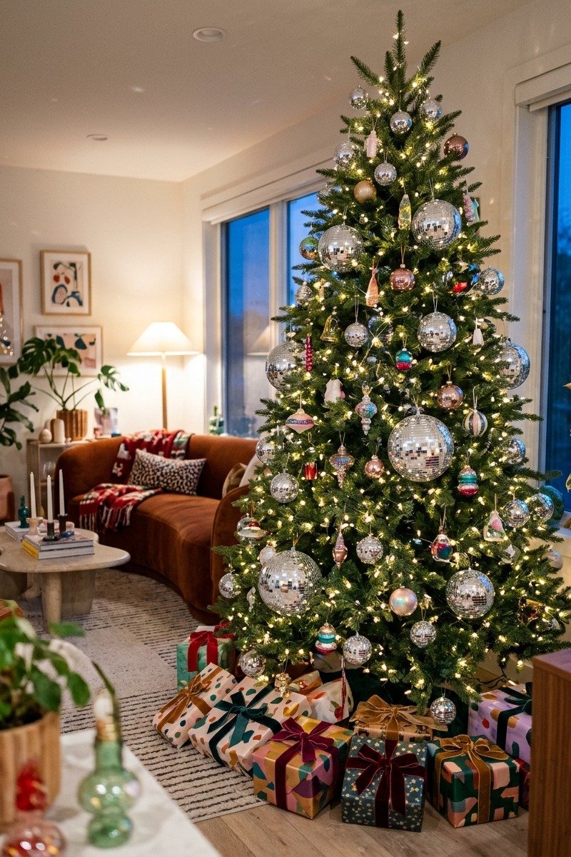 Christmas tree with mirrored disco ball ornaments