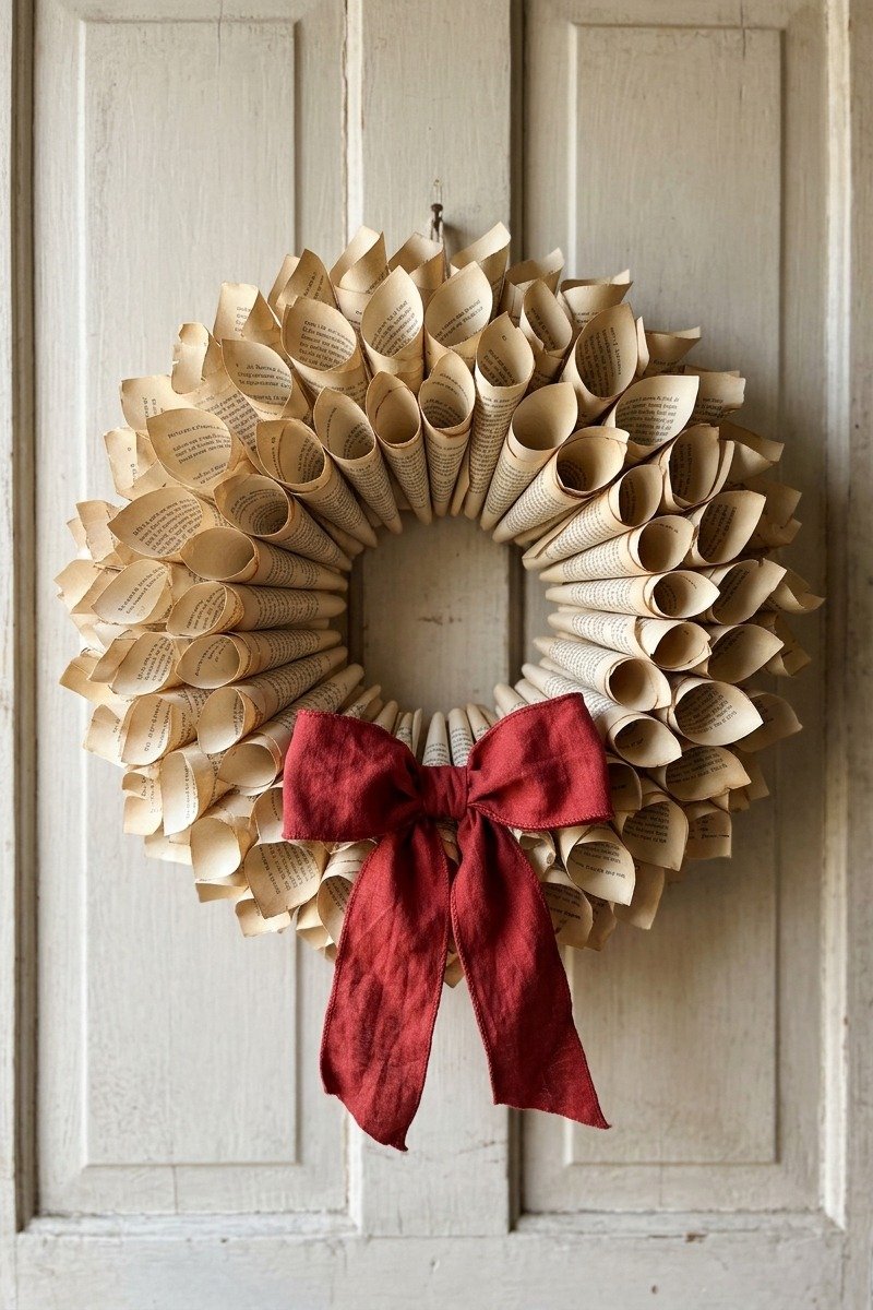 Wreath made from rolled book pages