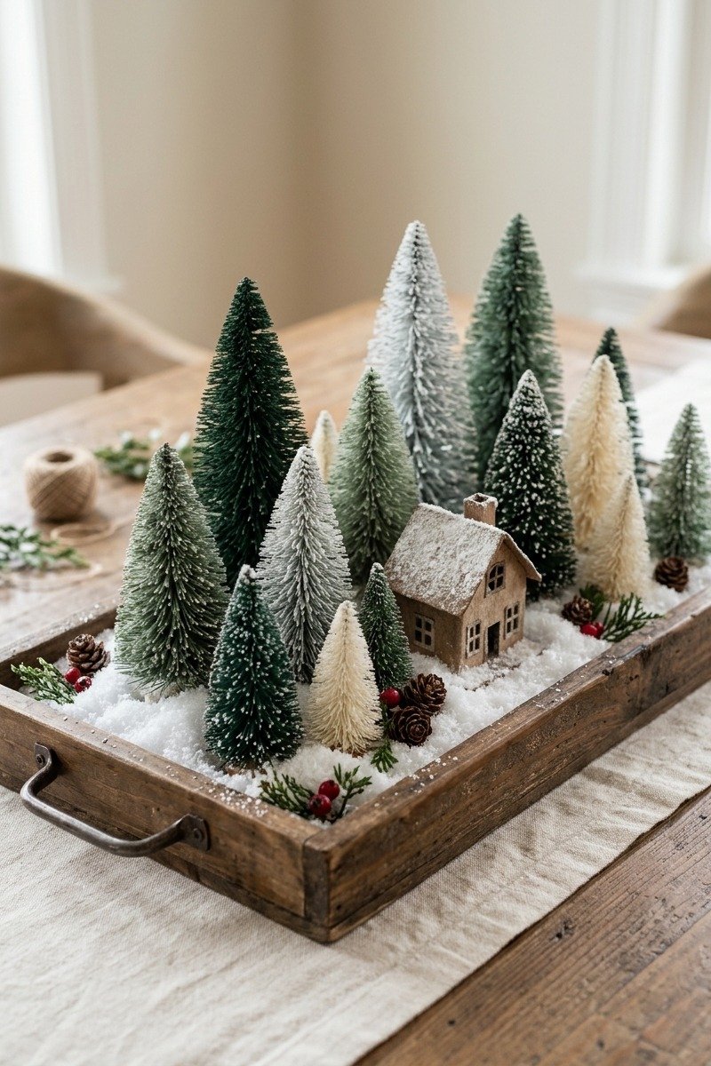 Tray of bottle brush trees with faux snow