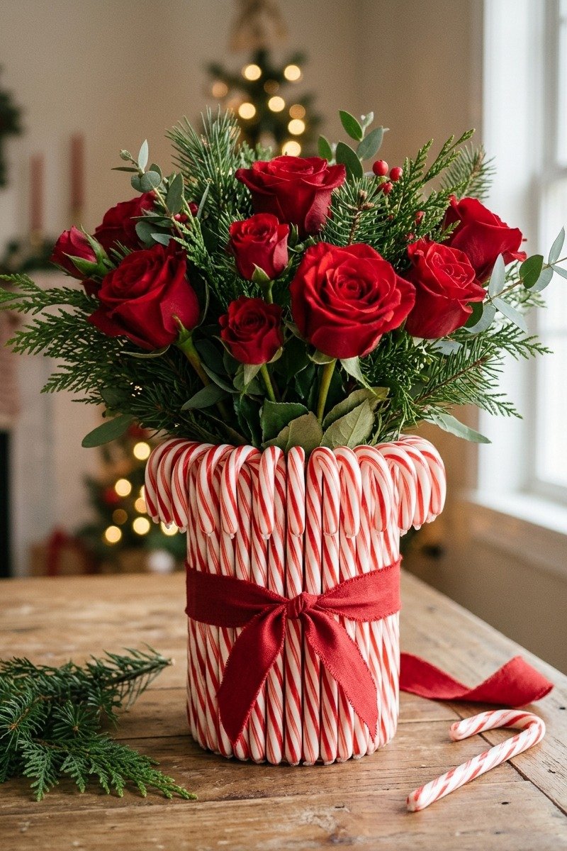Vase covered in candy canes with flowers